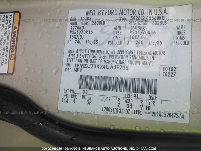 1FMZU73KX4UA49735 - 2004 FORD EXPLORER XLT/XLT SPORT/NBX BEIGE photo 9