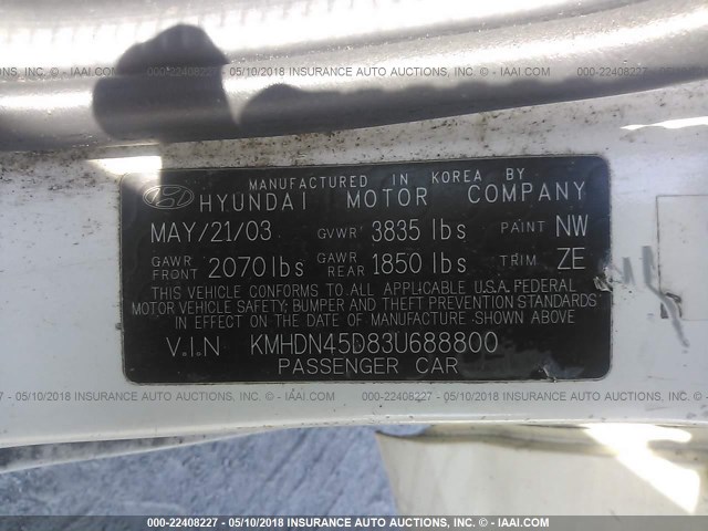 KMHDN45D83U688800 - 2003 HYUNDAI ELANTRA GLS/GT WHITE photo 9