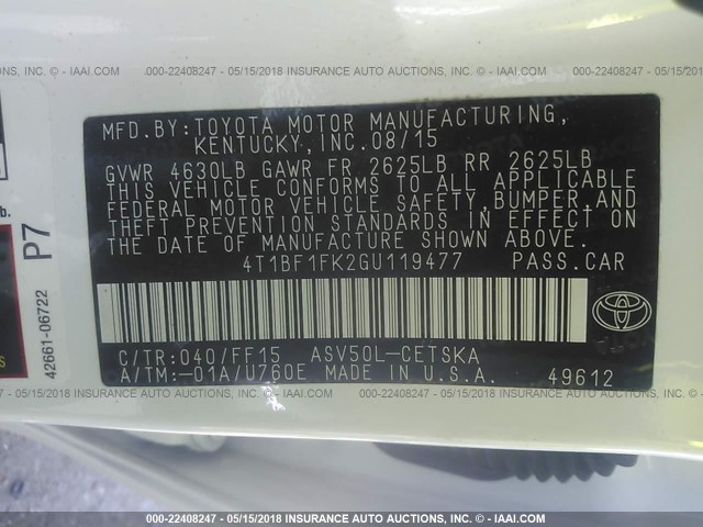 4T1BF1FK2GU119477 - 2016 TOYOTA CAMRY LE/XLE/SE/XSE თეთრი ფოტო 9