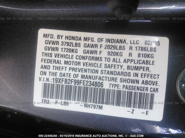 19XFB2F99FE234806 - 2015 HONDA CIVIC EXL GRAY photo 9