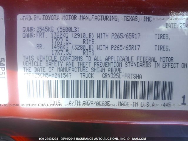 5TFAZ5CN5HX041547 - 2017 TOYOTA TACOMA DBL CAB/SR5/TRD SPORT/OR ORANGE photo 9