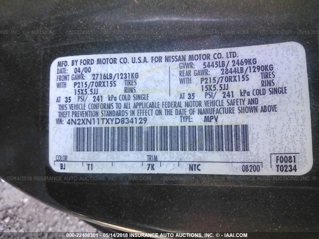 4N2XN11TXYD834129 - 2000 NISSAN QUEST SE/GLE/GXE GREEN photo 9