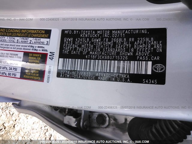 4T1BF3EK6BU715326 - 2011 TOYOTA CAMRY SE/LE/XLE SILVER photo 9