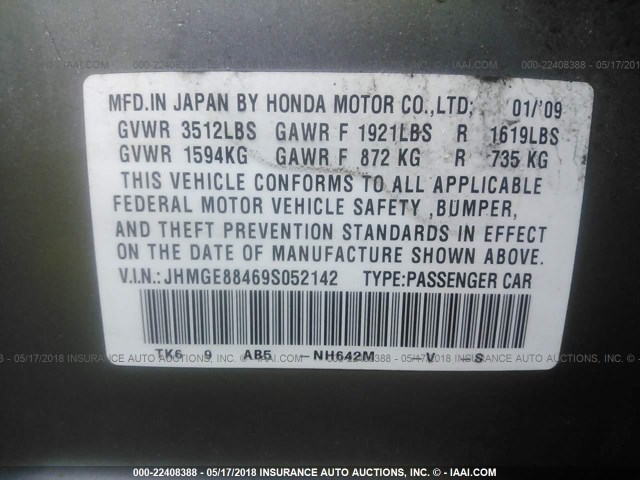 JHMGE88469S052142 - 2009 HONDA FIT SPORT SILVER photo 9