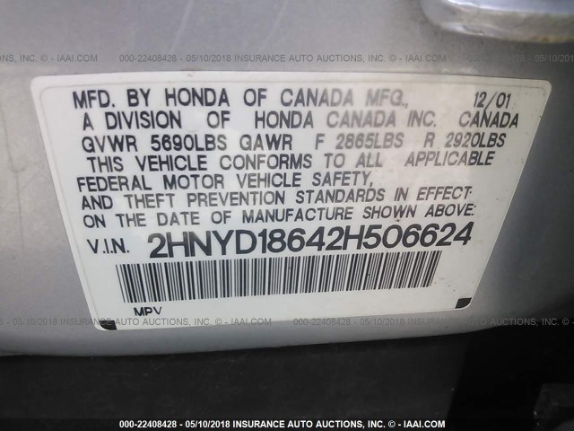 2HNYD18642H506624 - 2002 ACURA MDX TOURING SILVER photo 9