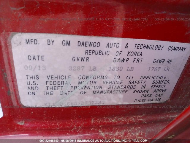 KL1TD66657B727382 - 2007 CHEVROLET AVEO LS RED photo 9