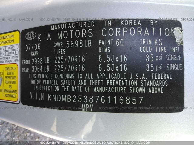 KNDMB233876116857 - 2007 KIA SEDONA EX/LX SILVER photo 9