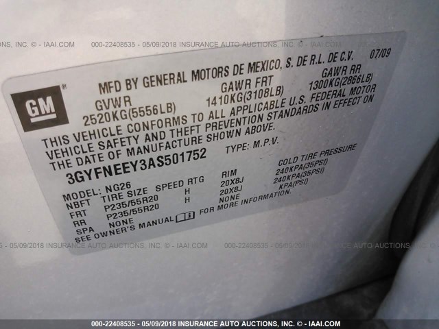 3GYFNEEY3AS501752 - 2010 CADILLAC SRX PERFORMANCE COLLECTION Күміс фото 9