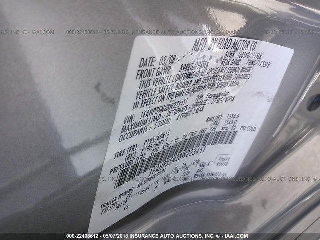 1FAHP35N28W223451 - 2008 FORD FOCUS SE/SEL/SES GRAY photo 9