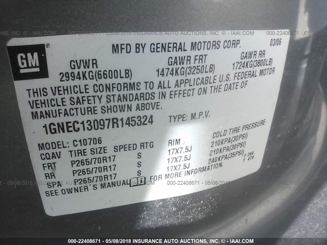 1GNEC13097R145324 - 2007 CHEVROLET TAHOE C1500 GRAY photo 9