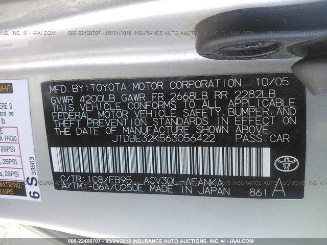 JTDBE32K563056422 - 2006 TOYOTA CAMRY LE/XLE SILVER photo 9
