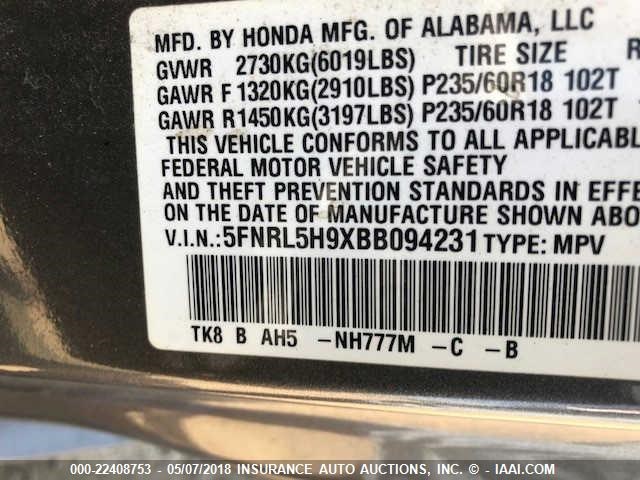 5FNRL5H9XBB094231 - 2011 HONDA ODYSSEY TOURING/TOURING ELITE Unknown photo 9