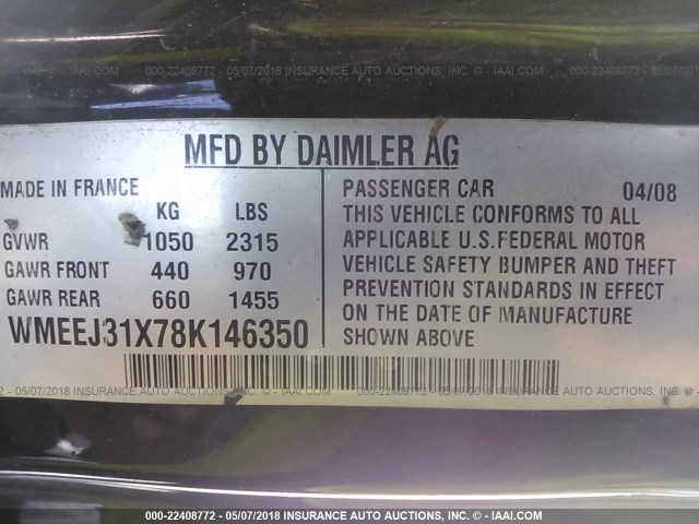 WMEEJ31X78K146350 - 2008 SMART FORTWO PURE/PASSION SILVER photo 9