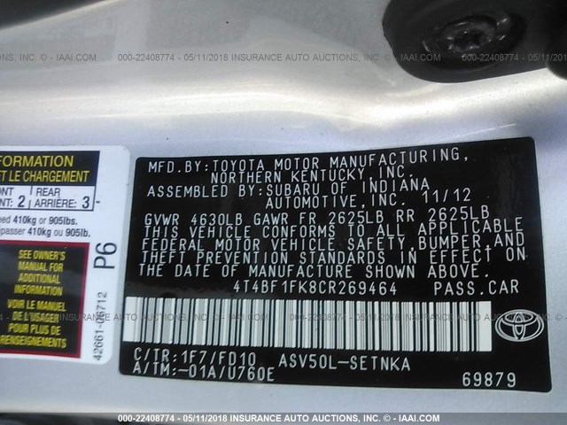 4T4BF1FK8CR269464 - 2012 TOYOTA CAMRY SE/LE/XLE 银色 照片 9