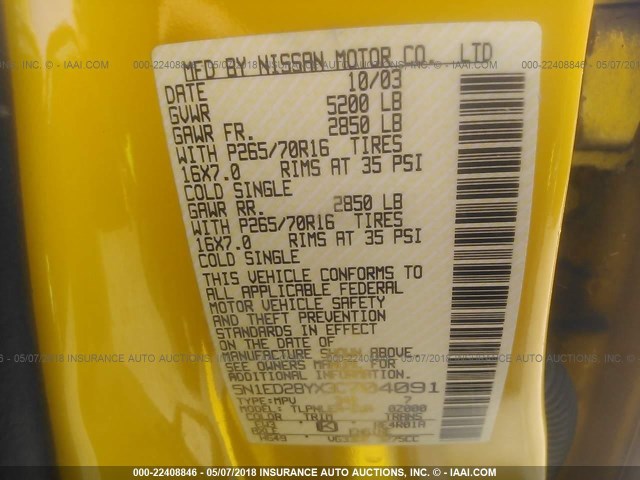 5N1ED28YX3C704091 - 2003 NISSAN XTERRA XE/SE YELLOW photo 9