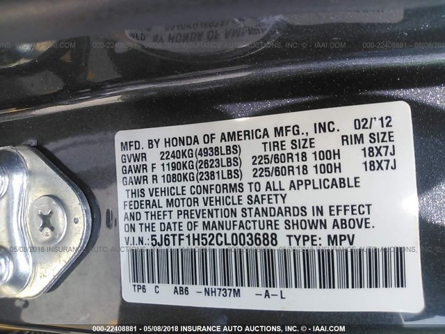 5J6TF1H52CL003688 - 2012 HONDA CROSSTOUR EXL GRAY photo 9