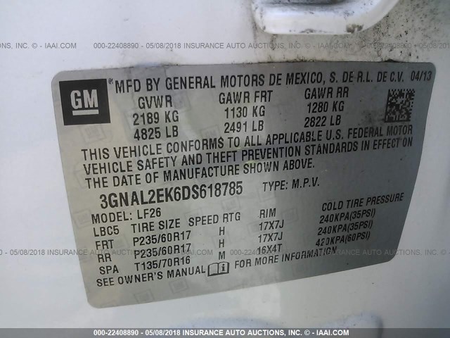 3GNAL2EK6DS618785 - 2013 CHEVROLET CAPTIVA LS 白色 照片 9