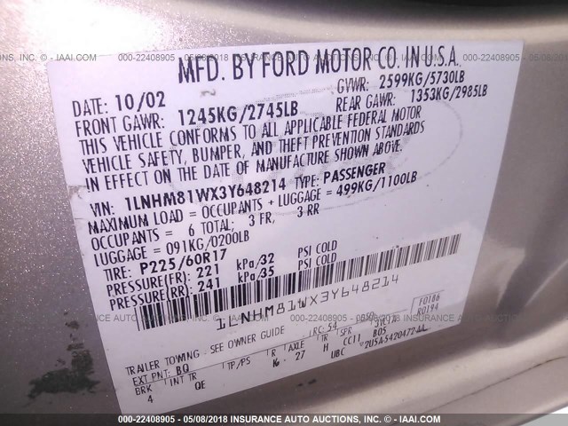 1LNHM81WX3Y648214 - 2003 LINCOLN TOWN CAR EXECUTIVE TAN photo 9