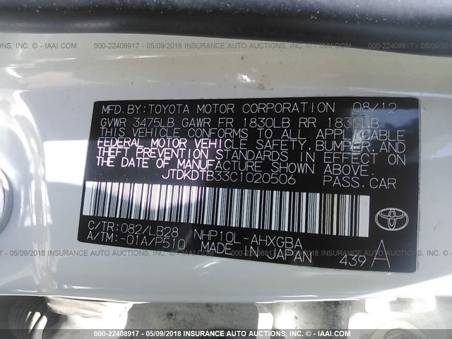 JTDKDTB33C1020506 - 2012 TOYOTA PRIUS C WHITE photo 9