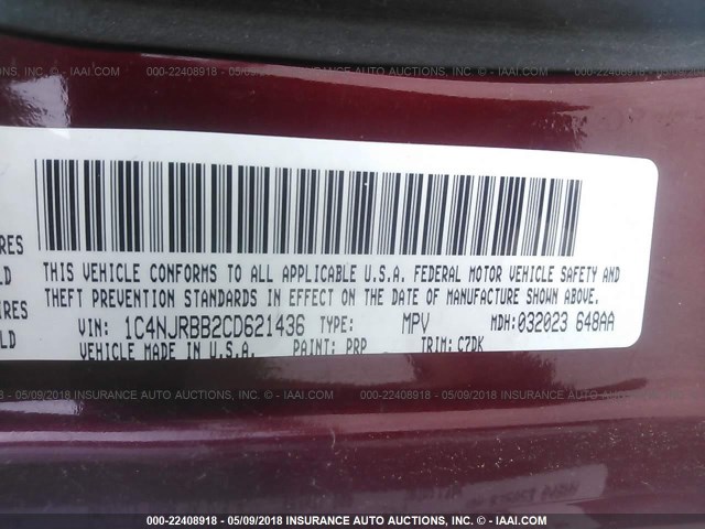 1C4NJRBB2CD621436 - 2012 JEEP PATRIOT SPORT RED photo 9