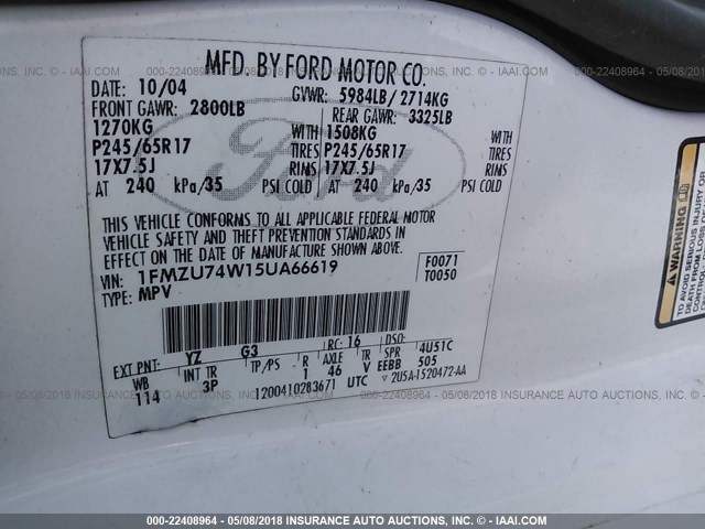 1FMZU74W15UA66619 - 2005 FORD EXPLORER EDDIE BAUER WHITE photo 9