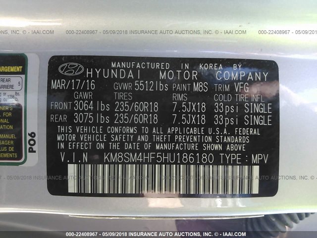 KM8SM4HF5HU186180 - 2017 HYUNDAI SANTA FE SE SILVER photo 9