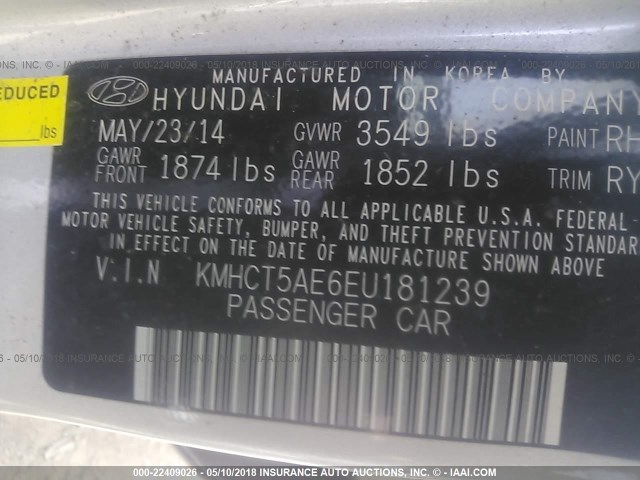 KMHCT5AE6EU181239 - 2014 HYUNDAI ACCENT GLS/GS SILVER photo 9