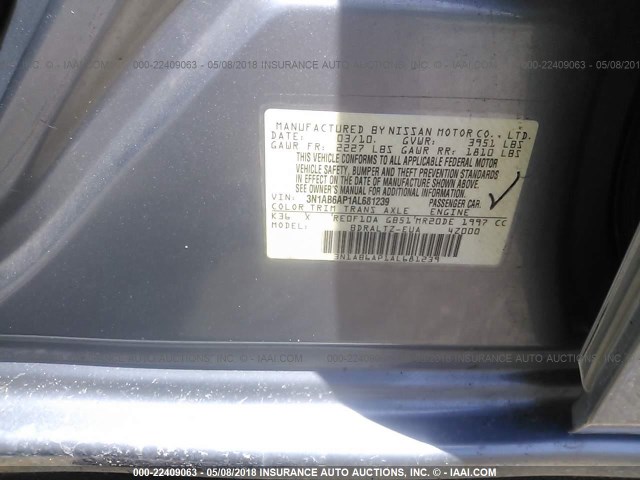 3N1AB6AP1AL681239 - 2010 NISSAN SENTRA 2.0/2.0S/SR/2.0SL SILVER photo 9