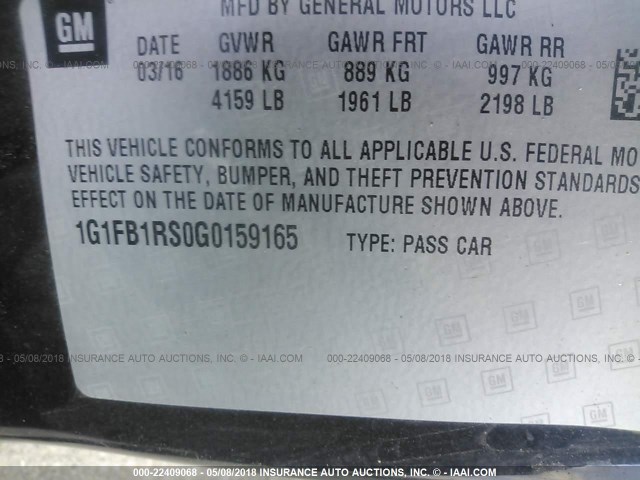 1G1FB1RS0G0159165 - 2016 CHEVROLET CAMARO LT BLACK photo 9