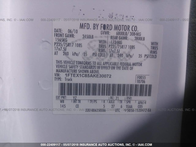 1FTEX1C85AKE30072 - 2010 FORD F150 SUPER CAB WHITE photo 9