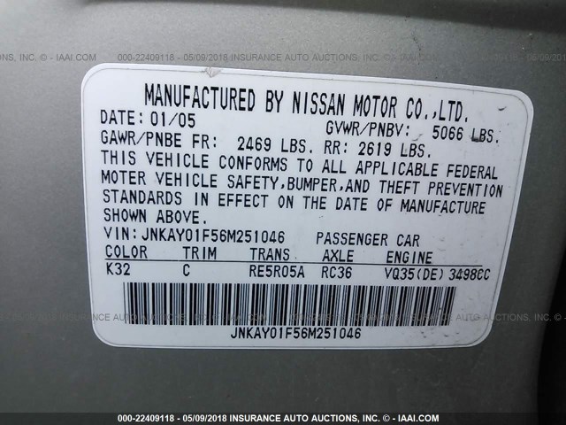 JNKAY01F56M251046 - 2006 INFINITI M35 SPORT 灰色 照片 9