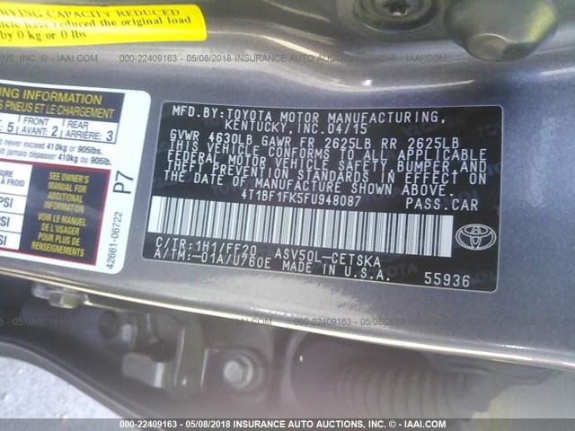 4T1BF1FK5FU948087 - 2015 TOYOTA CAMRY LE/XLE/SE/XSE Grau Foto 9