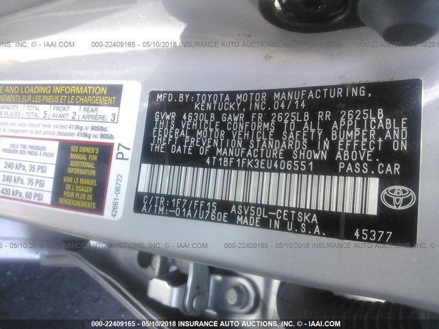 4T1BF1FK3EU406551 - 2014 TOYOTA CAMRY L/SE/LE/XLE 银色 照片 9