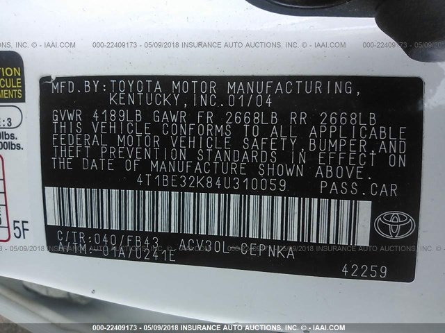 4T1BE32K84U310059 - 2004 TOYOTA CAMRY LE/XLE/SE თეთრი ფოტო 9