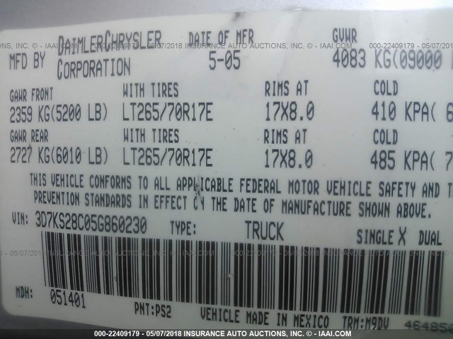3D7KS28C05G860230 - 2005 DODGE RAM 2500 ST/SLT 银色 照片 9