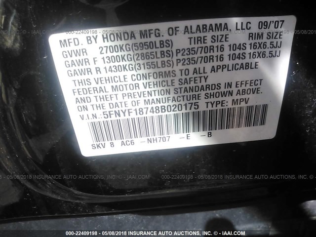 5FNYF18748B020175 - 2008 HONDA PILOT EXL BLACK photo 9