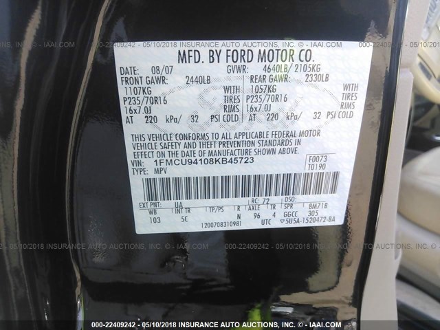 1FMCU94108KB45723 - 2008 FORD ESCAPE LIMITED BLACK photo 9