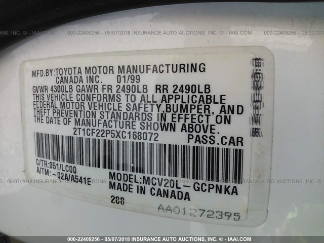 2T1CF22P5XC168072 - 1999 TOYOTA CAMRY SOLARA SE/SLE თეთრი ფოტო 9