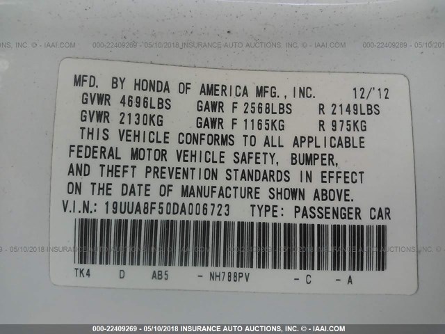 19UUA8F50DA006723 - 2013 ACURA TL TECH WHITE photo 9