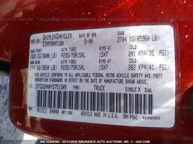 1B7GG2ANXYS751509 - 2000 DODGE DAKOTA QUAD RED photo 9