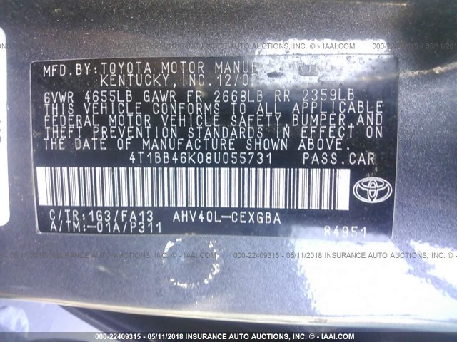 4T1BB46K08U055731 - 2008 TOYOTA CAMRY HYBRID GRAY photo 9