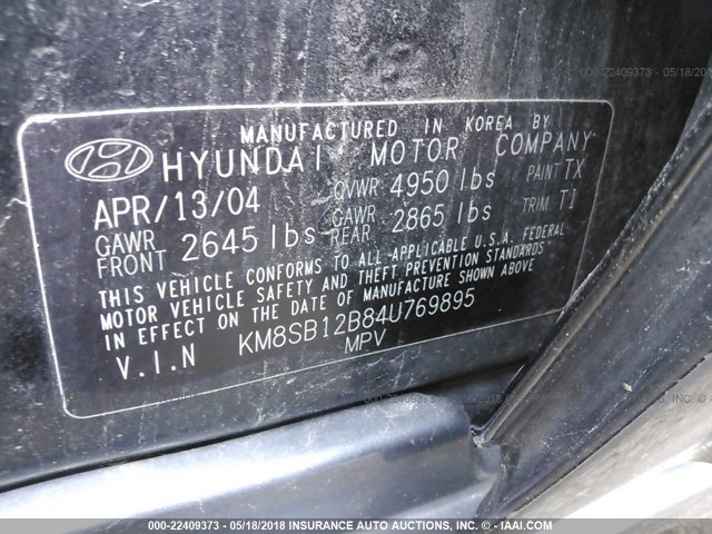 KM8SB12B84U769895 - 2004 HYUNDAI SANTA FE GL BLACK photo 9