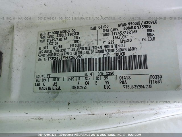 1FTSE34S1YHB26890 - 2000 FORD ECONOLINE E350 SUPER DUTY VAN WHITE photo 9