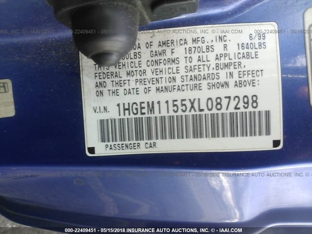 1HGEM1155XL087298 - 1999 HONDA CIVIC SI/SIR BLUE photo 9