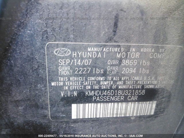 KMHDU46D18U321858 - 2008 HYUNDAI ELANTRA GLS/SE/LIMITED BLACK photo 9