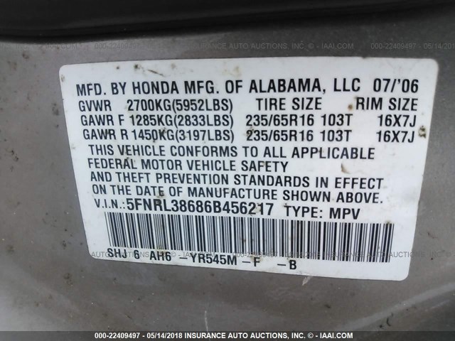 5FNRL38686B456217 - 2006 HONDA ODYSSEY EXL თაფლისფერი ფოტო 9