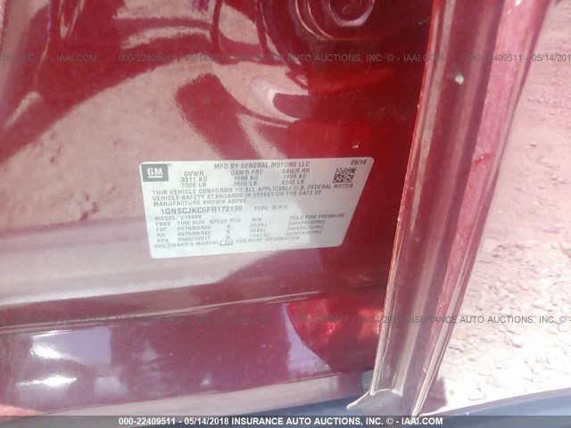 1GNSCJKC6FR172199 - 2015 CHEVROLET SUBURBAN C1500 LT RED photo 9