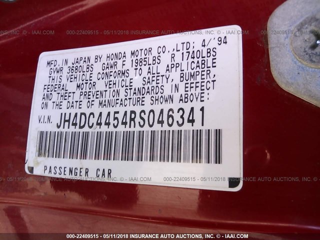 JH4DC4454RS046341 - 1994 ACURA INTEGRA LS RED photo 9