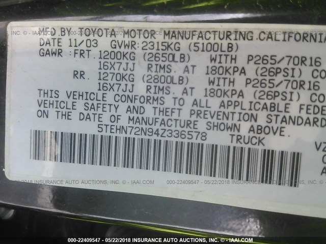 5TEHN72N94Z336578 - 2004 TOYOTA TACOMA DOUBLE CAB შავი ფოტო 9