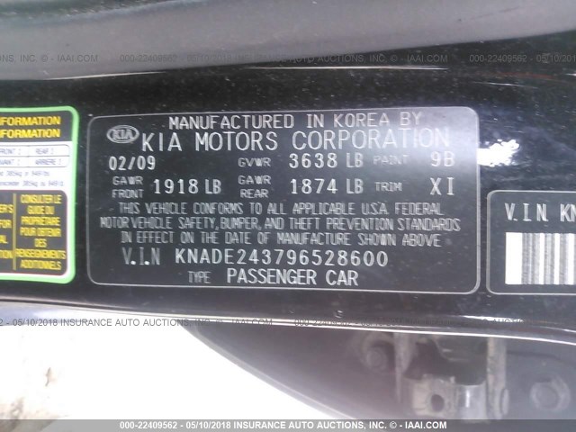 KNADE243796528600 - 2009 KIA RIO 5 SX BLACK photo 9